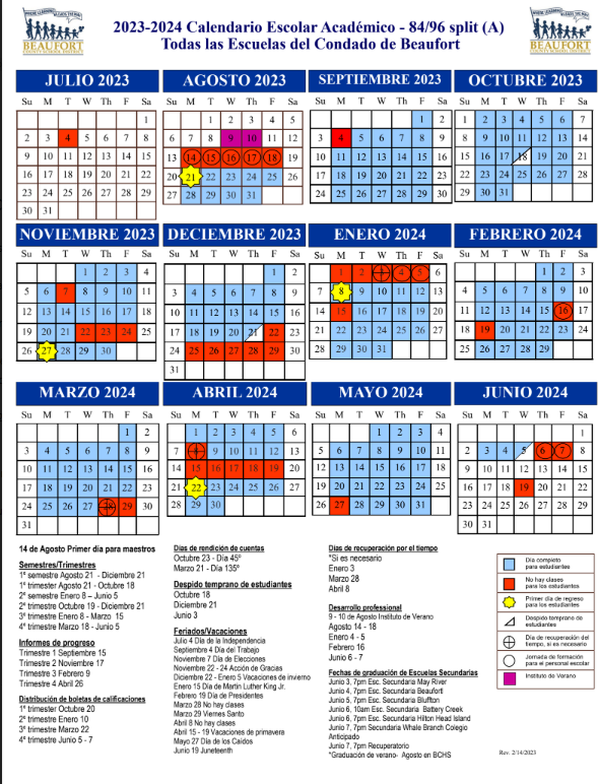 Beaufort County 2023-2024 school calendar in Spanish.