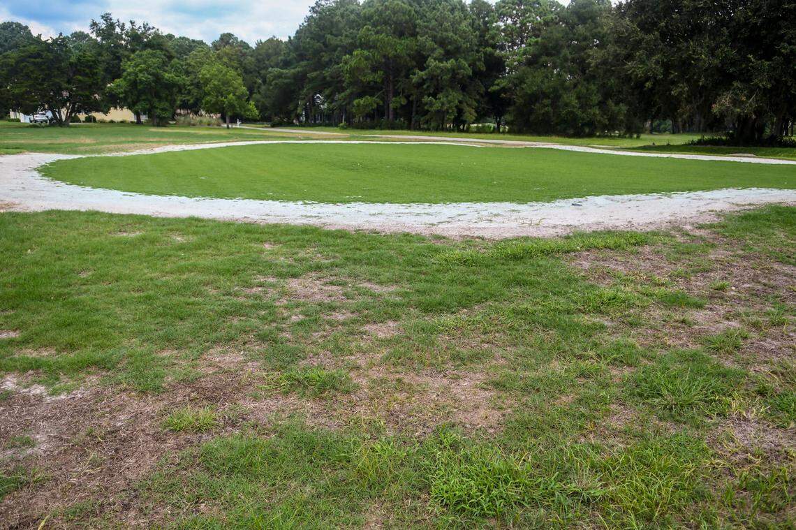After years of neglect, golf course architect John LaFoy has rebuilt the greens and the bunkers at Cat Island Golf Club on Cat Island. Pictured is the green of the ninth hole where shadows show the undulations of the renovated green.