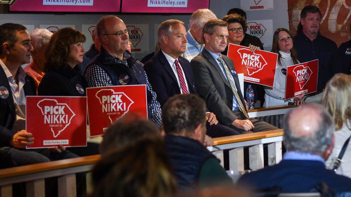 14th Solicitor Duffie Stone, fourth from left, and to his left, S.C. Sen. Tom Davis were among some of the dignitaries who attended former S.C. Gov. and United Nations Ambassador Nikki Haley’s meet and greet on Thursday, Feb. 1, 2024, at Forrest Fire BBQ on Hilton Head Island.