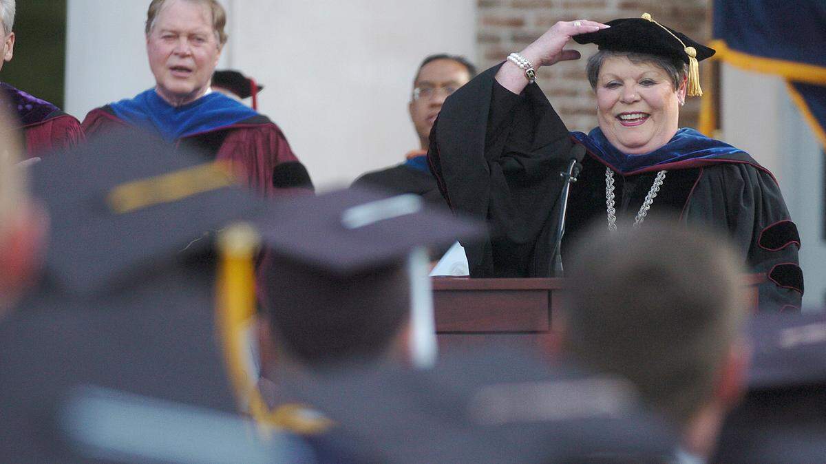 University of South Carolina Beaufort chancellor Jane Upshaw smiles as she welcomes all of the graduates and their family and friends to the USCB commencement ceremony on the evening of May 1, 2015 at the Hilton Head Gateway campus of USCB in Bluffton.