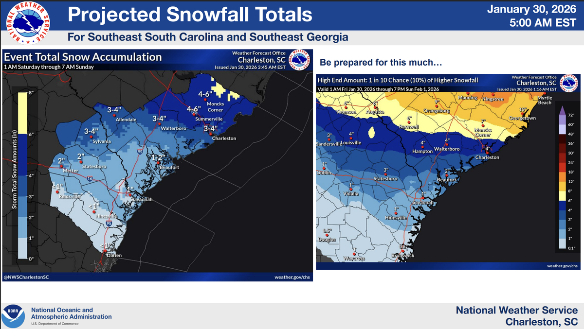 Current forecasts call for 1 to 2 inches of snow for the Hilton Head and Beaufort areas, though there remains some uncertainty in final totals. There is approximately a 10% chance that snowfall amounts could reach or exceed 2 inches in some areas.