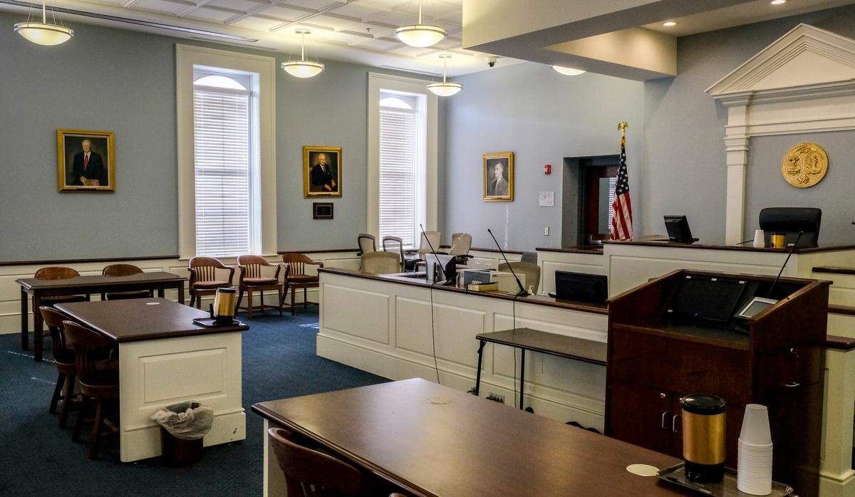 The three portraits of the Murdaughs, from left: Randolph Murdaugh III, Randolph “Buster” Murdaugh Jr., and Randolph Murdaugh, solicitors of the 14th Circuit from 1920 to 2006, can be seen from the counsels’ tables in this photograph taken in 2019 at the Hampton County Courthouse.