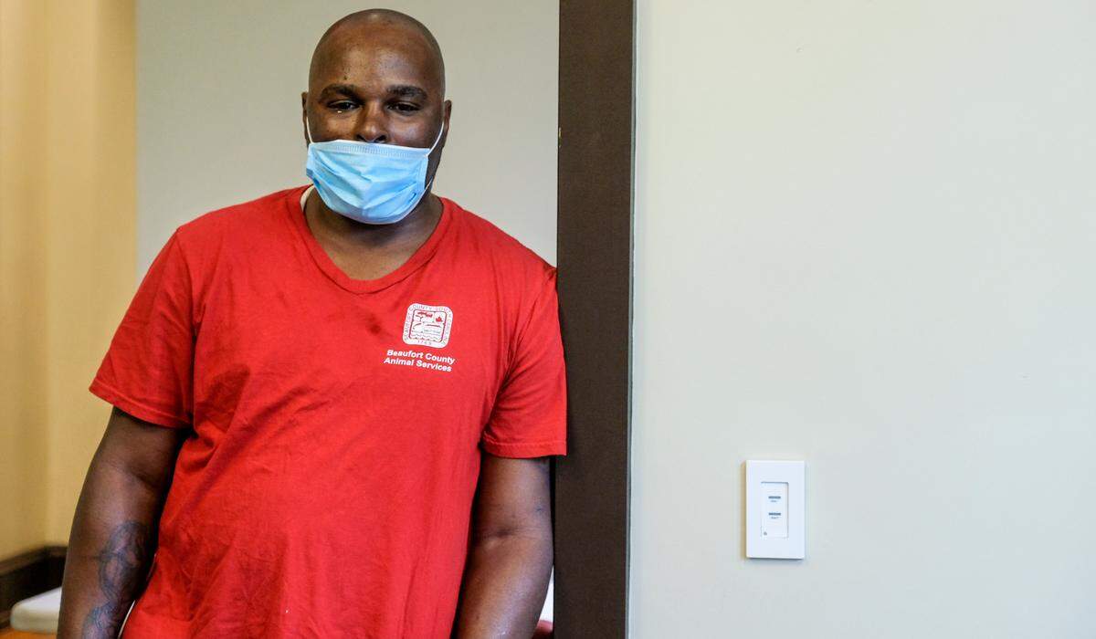 Overwhelmed by the kind words of his employers and co-workers, Trevor Heyward gathers his thoughts on April 9, 2021 after his S.C. Department of Motor Vehicle reinstatement hearing for his drivers license at the Jasper County Courthouse in Ridgeland, S.C. Heyward had his drivers license suspended for five years after being deemed a habitual offender for continuing to drive while under suspension.