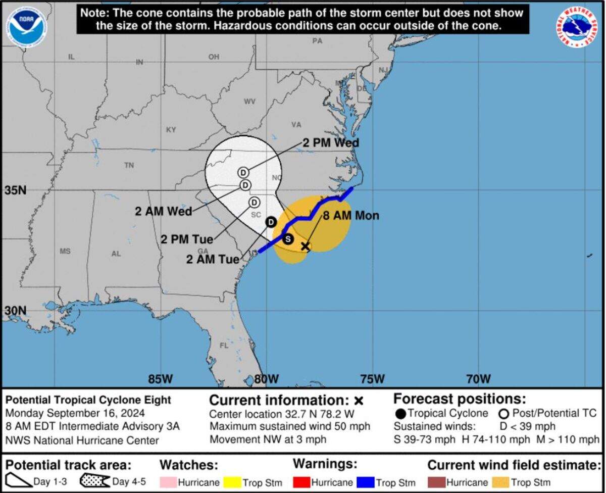 Static cone for Potential Tropical Storm 8, which is predicted to slightly strengthen, on Monday, Sept. 16, 2024, according to the National Hurricane Center.