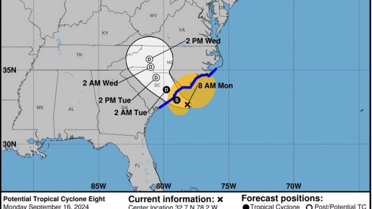 Static cone for Potential Tropical Storm 8, which is predicted to slightly strengthen, on Monday, Sept. 16, 2024, according to the National Hurricane Center.