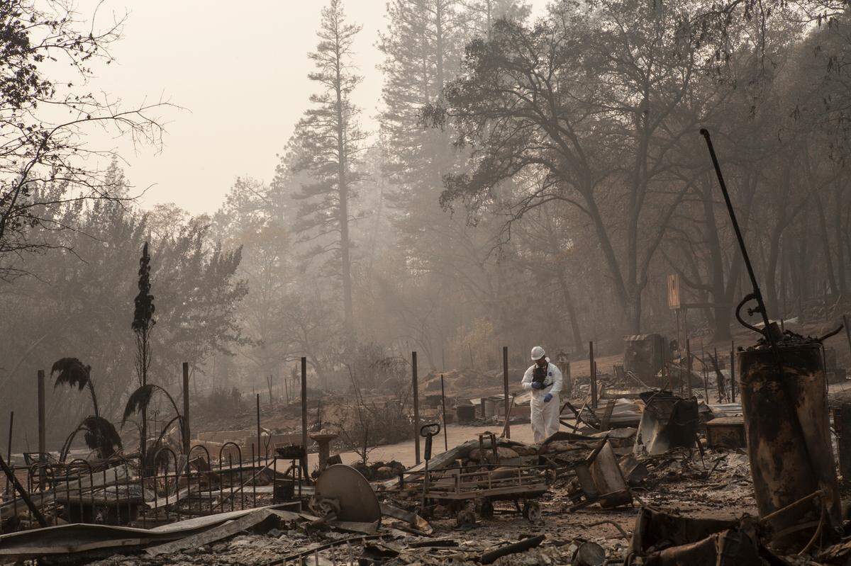 U.S. Army Sgt. Rodrigo Estrada of the California Army National Guard’s 649th Engineer Company, 579th Engineer Battalion, 49th Military Police Brigade, from Chico, California, leads a team conducting search and debris clearing operations, Nov. 17, 2018, in Paradise, California. The engineers worked in support of state agencies following the deadly Camp Fire.