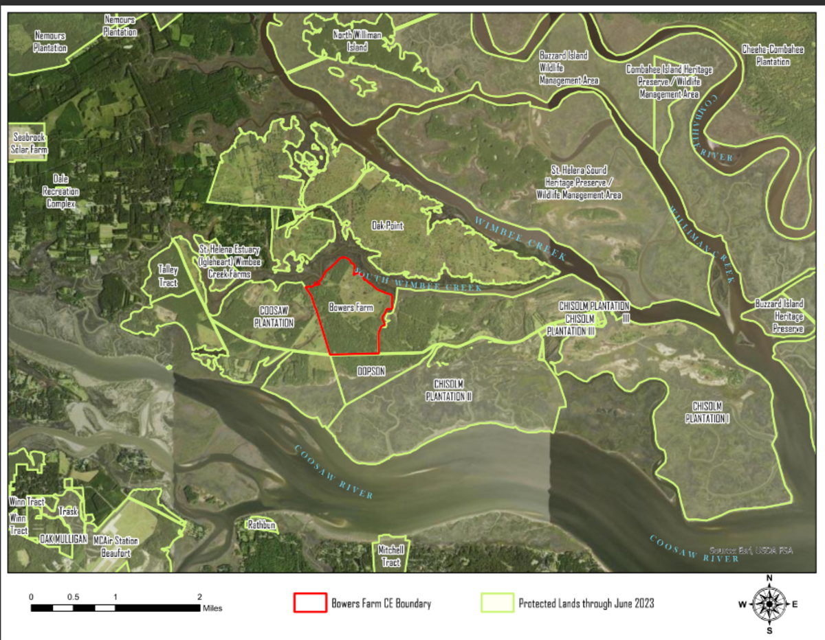 The red indicates “Bowers Farm,” on the South Wimbee River in the St. Helena Sound in the ACE Basin.