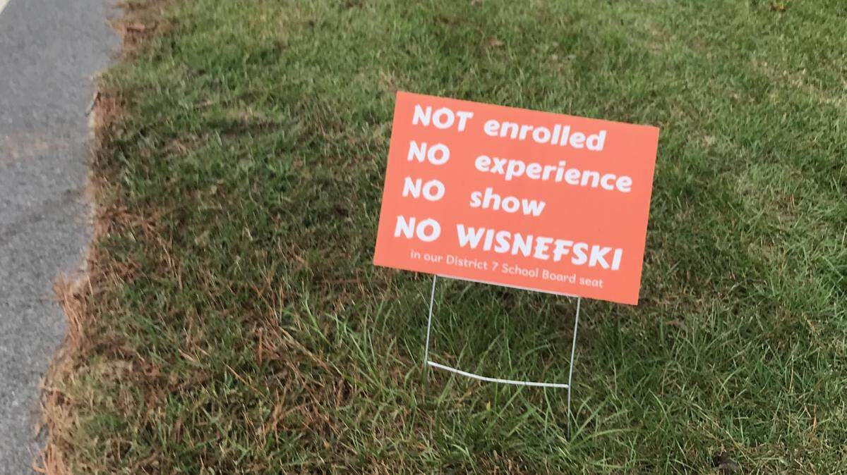 A negative yard sign about District 7 Beaufort County Board of Education candidate Rachel Wisnefski was placed on New Riverside Rd. across from May River High School.