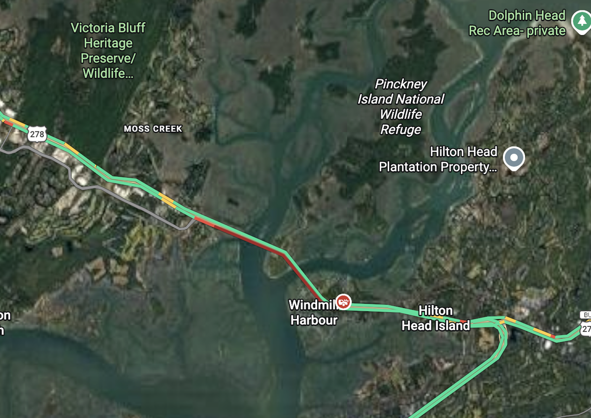 Eastbound traffic backups on U.S. 278 (William Hilton Parkway) extended from the entrance to Windmill Harbor to mainland Bluffton after a crash near the entrance to Hilton Head Island around noon on Feb. 28, 2026.