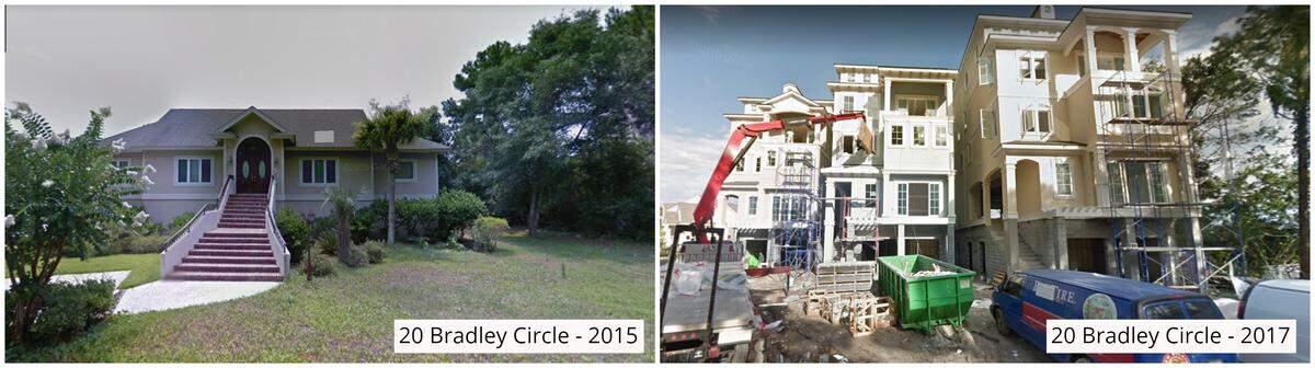 A side-by-side shows developments on Bradley Circle on Hilton Head Island between 2015 and 2017. Now, the new homes are advertised to fit 24 people in 10 bedrooms per home.