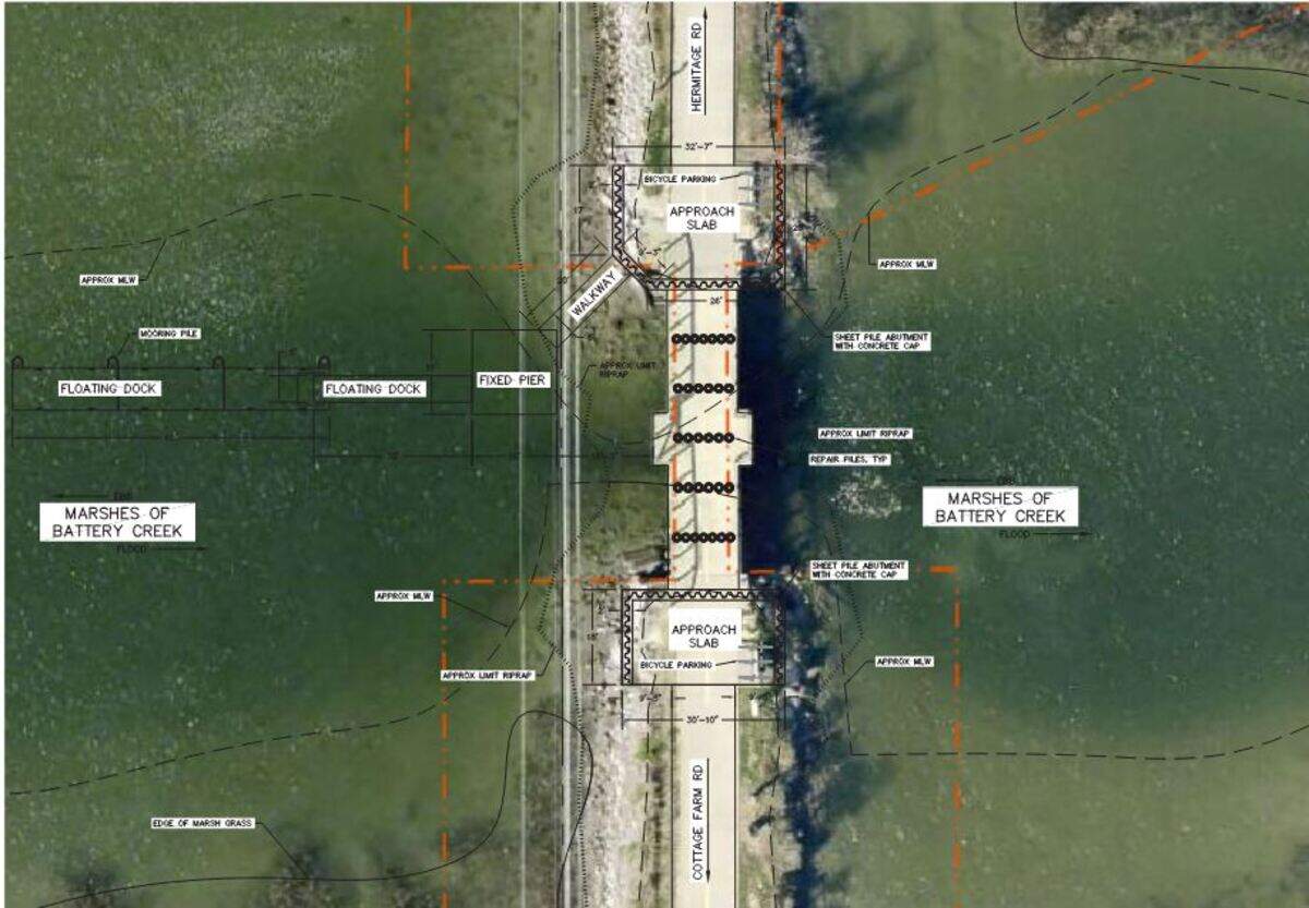 Between May 1 and June 30, 2024, the Spanish Moss Trail section between the street crossings at Hermitage Road and Cottage Farm Drive will be closed to make way for a new pier and repairs of an existing bridge.