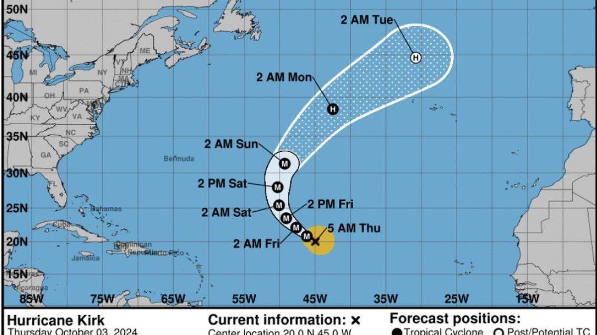 Forecast cone for Hurricane Kirk on Oct. 3, 2024.