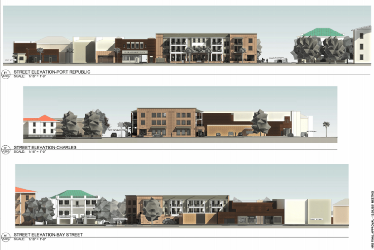 An architectural rendering shows the size of the proposed apartment/commercial building from different streets.