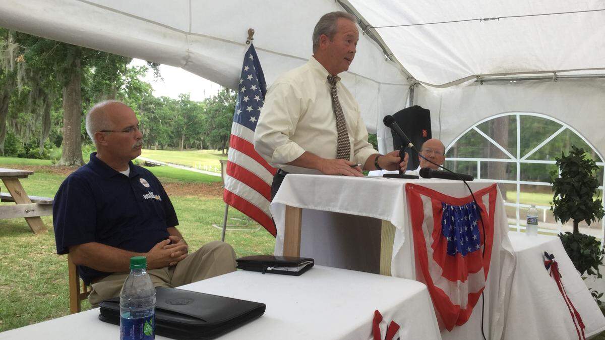 Beaufort County Sheriff P.J. Tanner addresses members of the Beaufort County Republican Party during a candidate forum Thursday, May 17, 2018, at Rose Hill Golf Club in Bluffton, S.C.