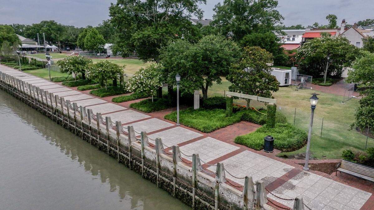 A drone photo of the fenced off portion of Henry C. Chambers Waterfront Park. The area has been fenced off because of structural issues as photographed on July 10, 2025, before the start of Beaufort Water Festival in Historic Downtown Beaufort.