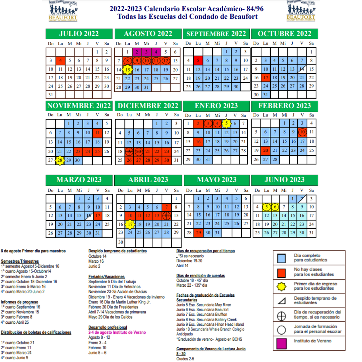 Aqui están los dias de escuela para el año escolar 2022-2023 en Beaufort County.
