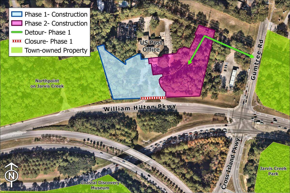 Phase one construction has closed the U.S. 278 entrance to the USPS Fairfield Station on Hilton Head Island.