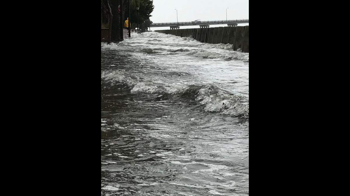 The Beaufort River inundates the boardwalk at Waterfront Park during Hurricane Irma in 2017. The city of Beaufort is about to begin two major projects to increase the capacity of stormwater that the system can handle.