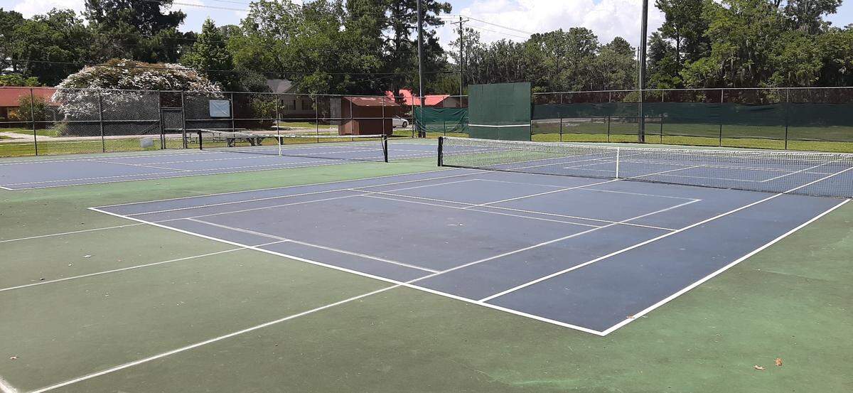 Temporary lines at the Southside Park tennis courts on Battery Creek Road in Beaufort mark the dimensions of a pickleball court. Beaufort County is planning to turn one of the Southside tennis courts into two pickleball courts to meet growing demand.