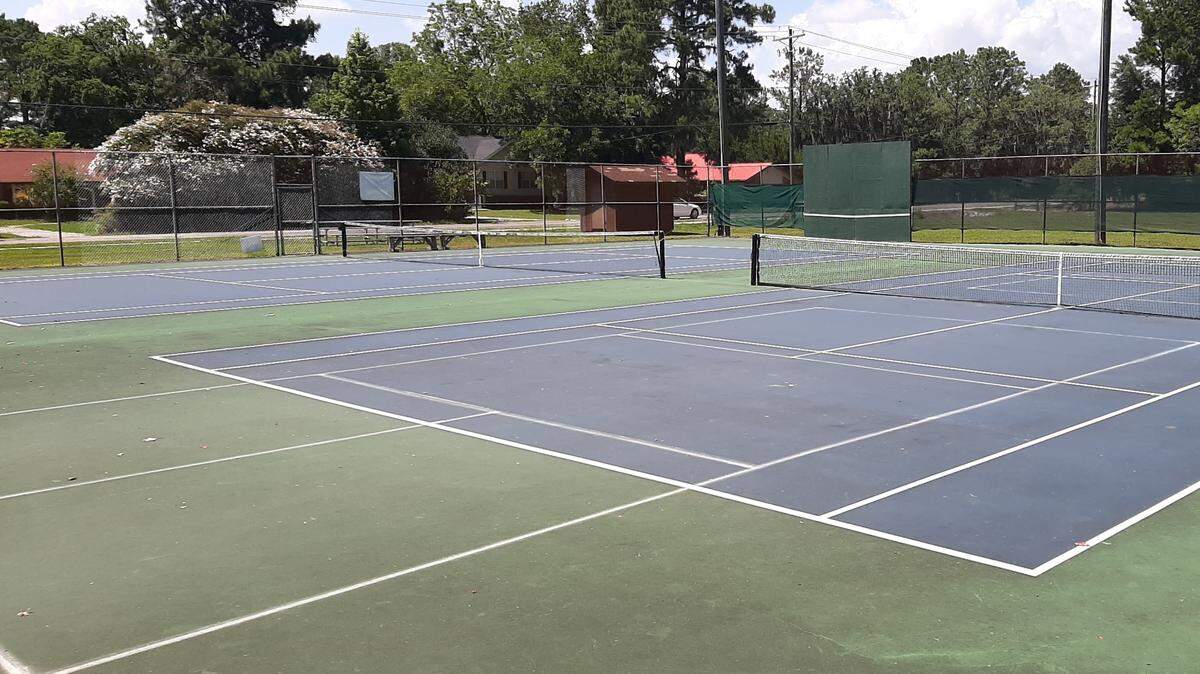 Temporary lines at the Southside Park tennis courts on Battery Creek Road in Beaufort mark the dimensions of a pickleball court. Beaufort County is planning to turn one of the Southside tennis courts into two pickleball courts to meet growing demand.