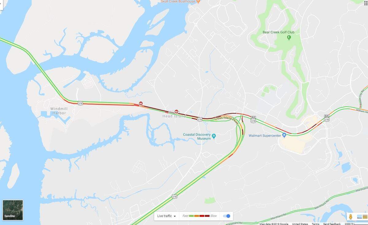 Google Maps shows heavy traffic on the north end of Hilton Head Island on Thursday afternoon.
