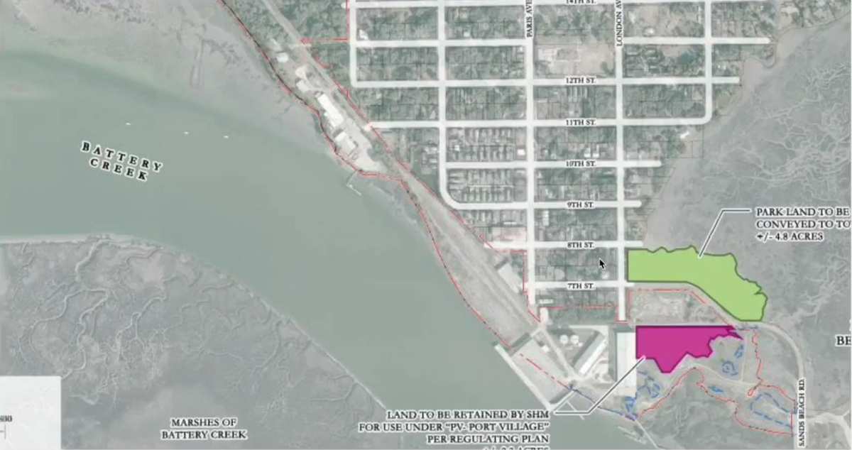 The town of Port Royal would get land in the green and Safe Harbor Marinas would get the land in the purple under a proposed land swap that’s received preliminary approval from the town.