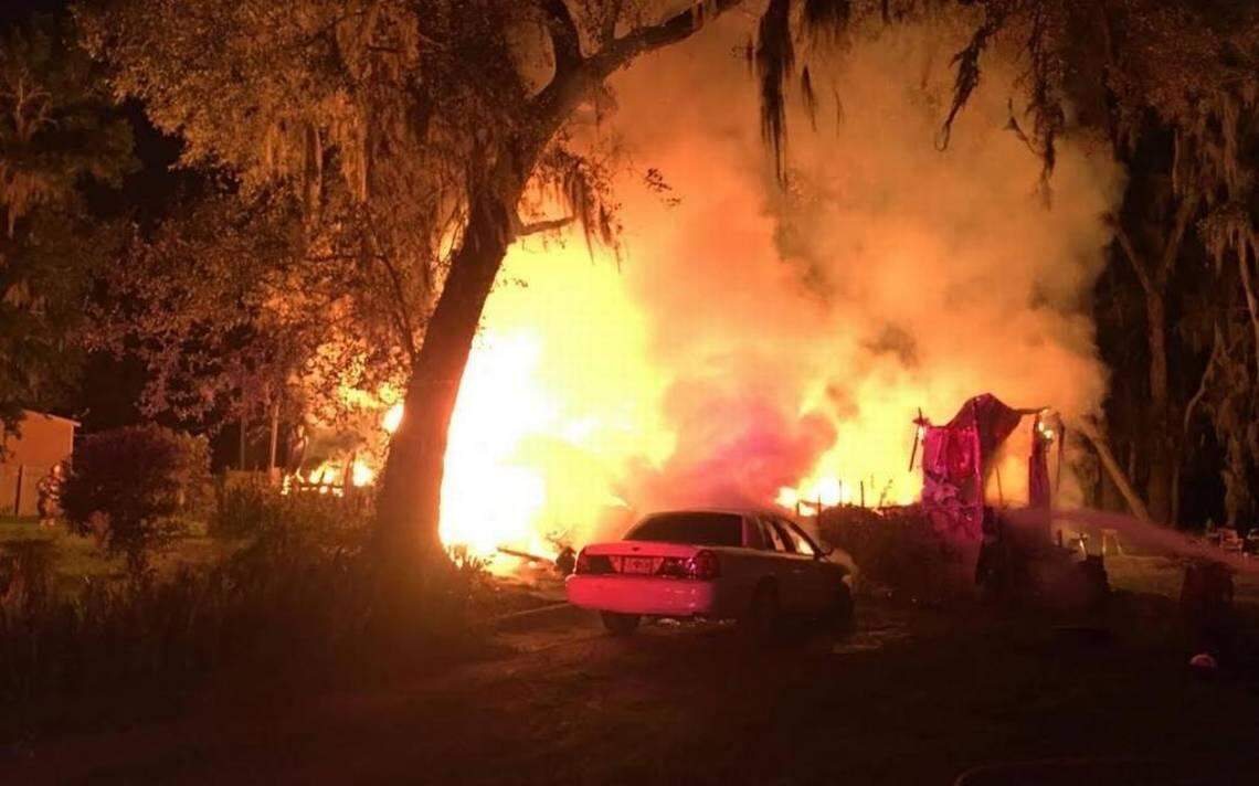A fire ravages a mobile home in Seabrook on September 8, 2017. The fire killed three residents, including 10-year-old Ja’kyla Reid and 4-year-old Jaylyn Sanders-Nelson. The mobile home was on a dirt road miles away from the nearest fire hydrant.