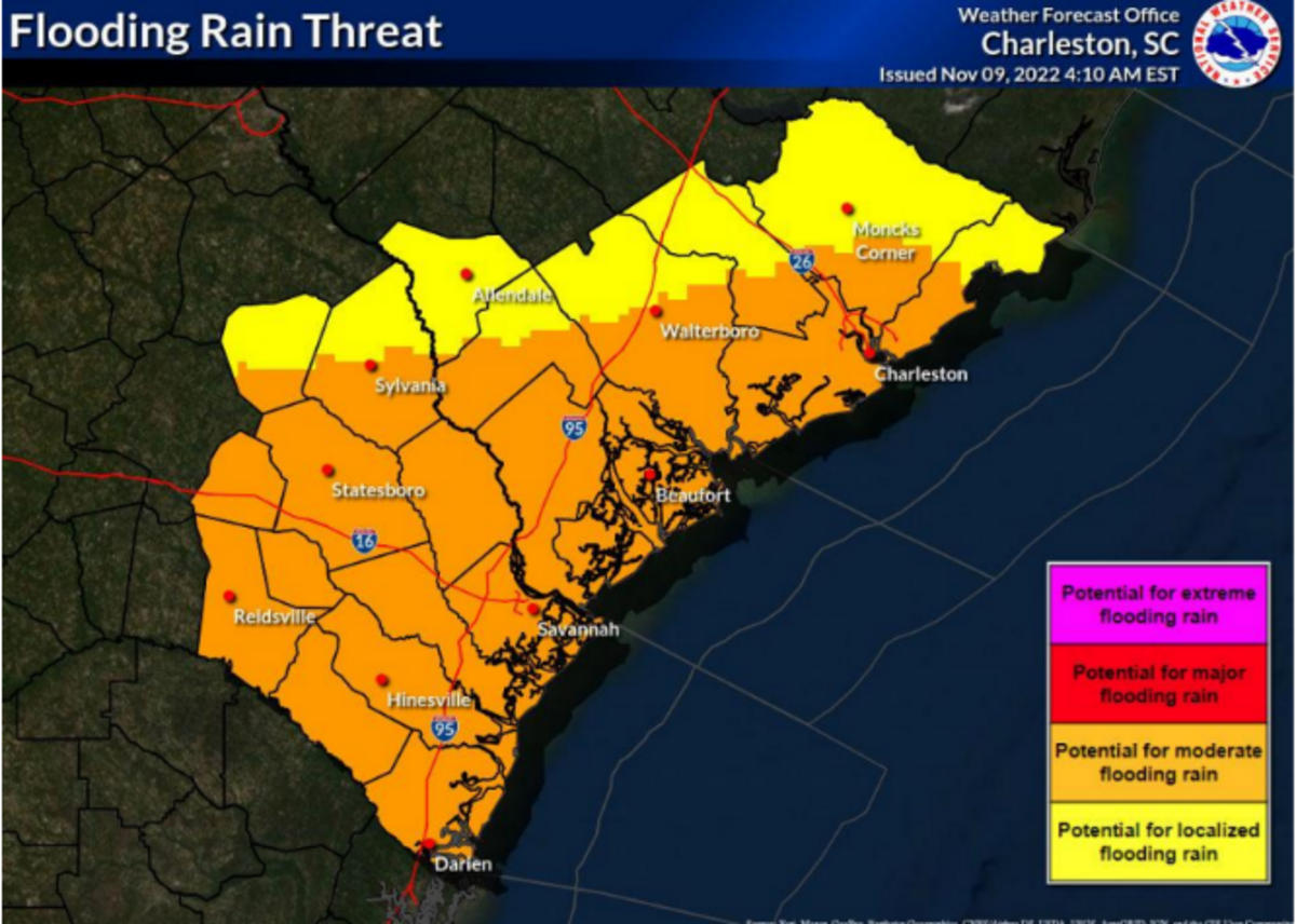 Flooding rain threat from the soon-to-hit Tropical Storm Nicole on Wednesday, according to the National Weather Service.