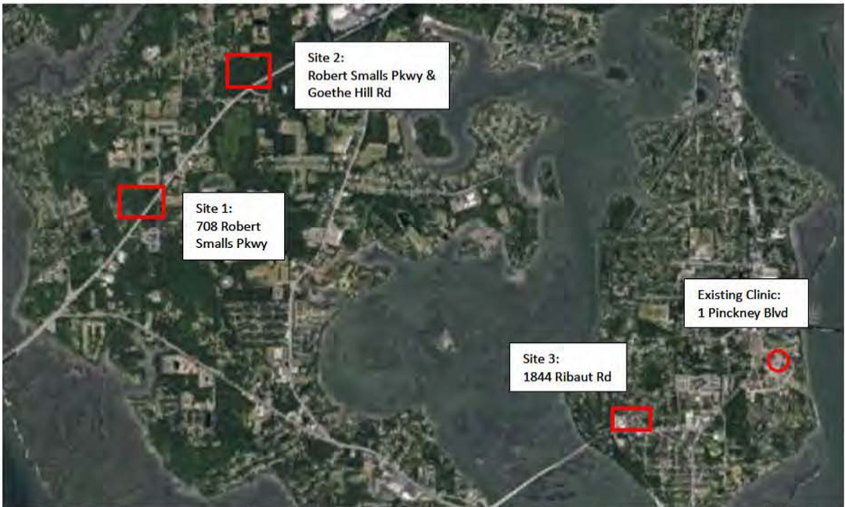 The VA is considering these three sites for a new outpatient clinic. The existing clinic at Naval Hospital Beaufort is circled.