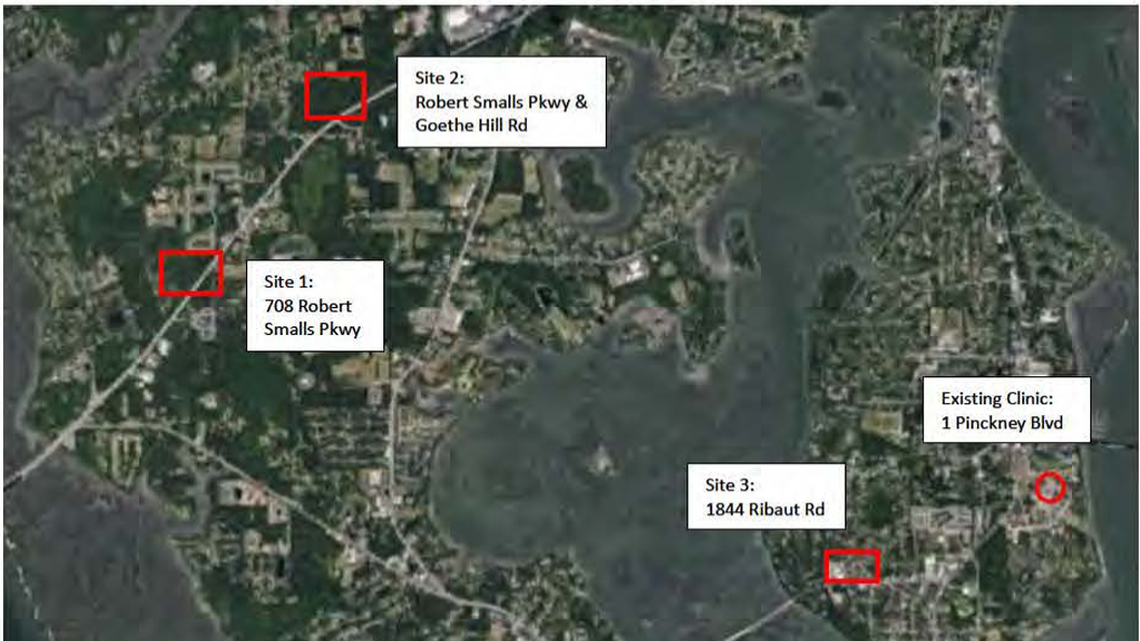 The VA is considering these three sites for a new outpatient clinic. The existing clinic at Naval Hospital Beaufort is circled. 