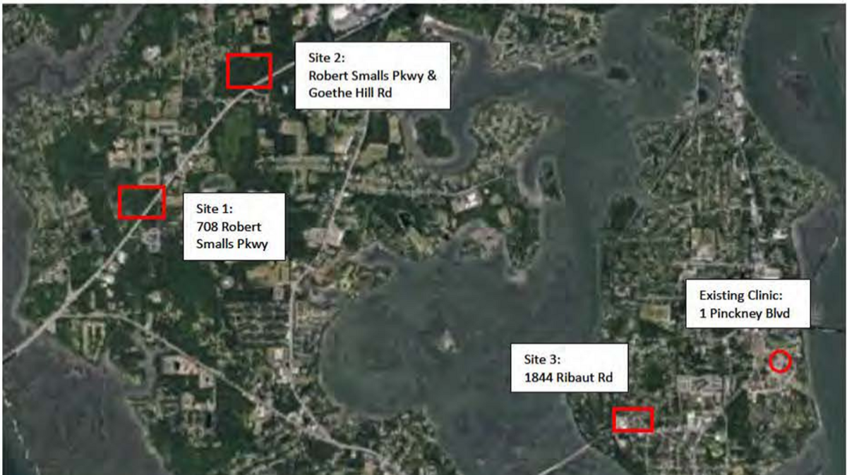 The VA is considering these three sites for a new outpatient clinic. The existing clinic at Naval Hospital Beaufort is circled. 