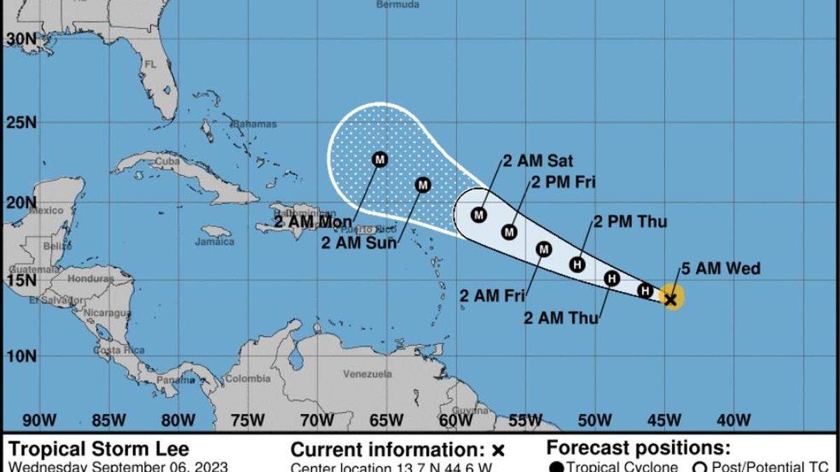Tropical Storm Lee forecast cone on Wednesday, Sept. 6, 2023.