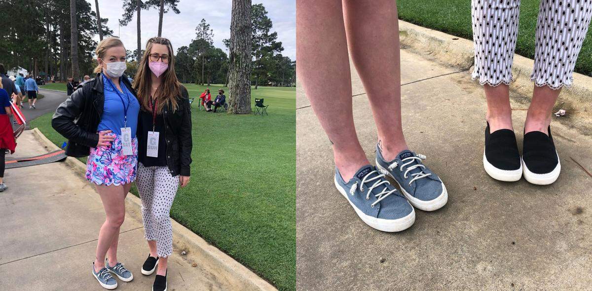 McKaleigh Finnan, of California, and Julia Hemmelgarn, of Hilton Head, started their day in canvas tennis shoes at RBC Heritage Presented by Boeing on Hilton Head.