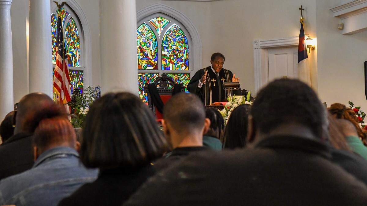 The Rev. James E. Moore of Mt. Carmel Baptist Church, shares a prayer with the congregation at the celebration of life funeral of Rev. Kenneth Hodges on May 3, 2025, at the Tabernacle Baptist Church in Historic Downtown Beaufort.