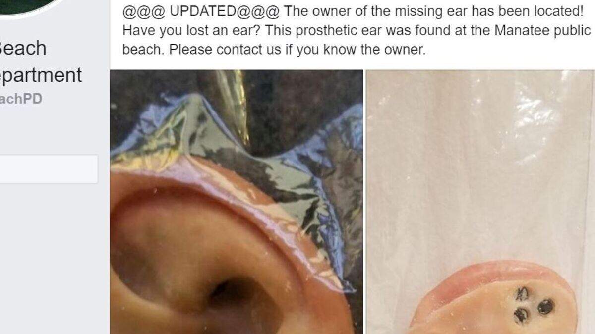 A Facebook post from Holmes Beach Police Department asks for help finding the owner of a prosthetic ear that washed up on a Florida beach. The ear belonged to a Beaufort man who was on vacation and will be mailed to him, police told the AP.