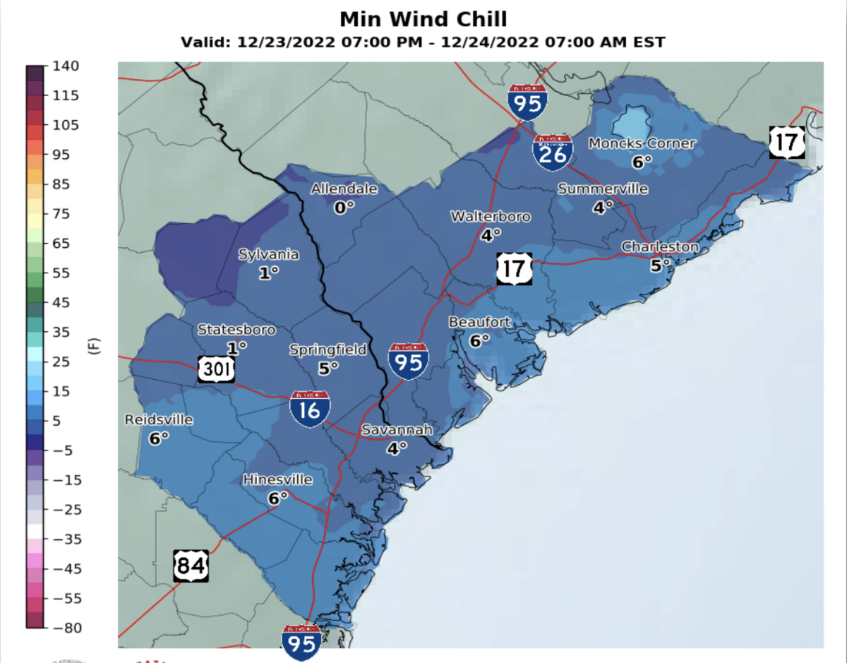 The minimum wind chill in Beaufort County is 6 degrees on Friday night, according to the National Weather Service.
