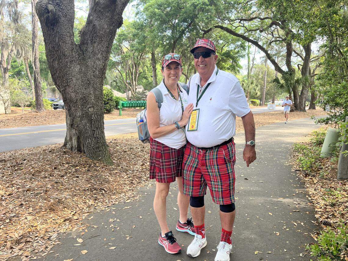Joan and Paul Von Feldt dressed up in plaid for Plaid Nation Day at the RBC Heritage PGA Tour event at Harbor Town Golf Links on Saturday.