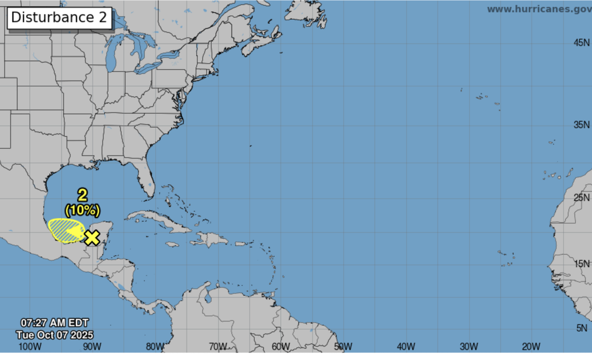 The National Hurricane Center says this tropical disturbance has a 10% chance of development over the next seven days, as of Oct. 7, 2025.