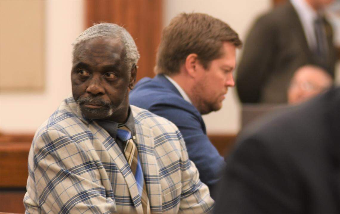 Isaiah Gadson Jr. looks back at the gallery of his family and friends on Thursday after the jury left the courtroom to determine the verdict. Gadson is is being charged with murder, armed robbery, kidnapping and sexual assault in the first degree. He is linked by DNA to the January 1980 cold case murder of David Krulewicz and the rape of Krulewicz’s 15-year-old girlfriend in Burton and