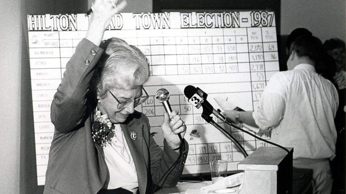 Martha Baumberger reacts as votes are counted in the 1987 Hilton Head Island town election in which she was elected mayor.
