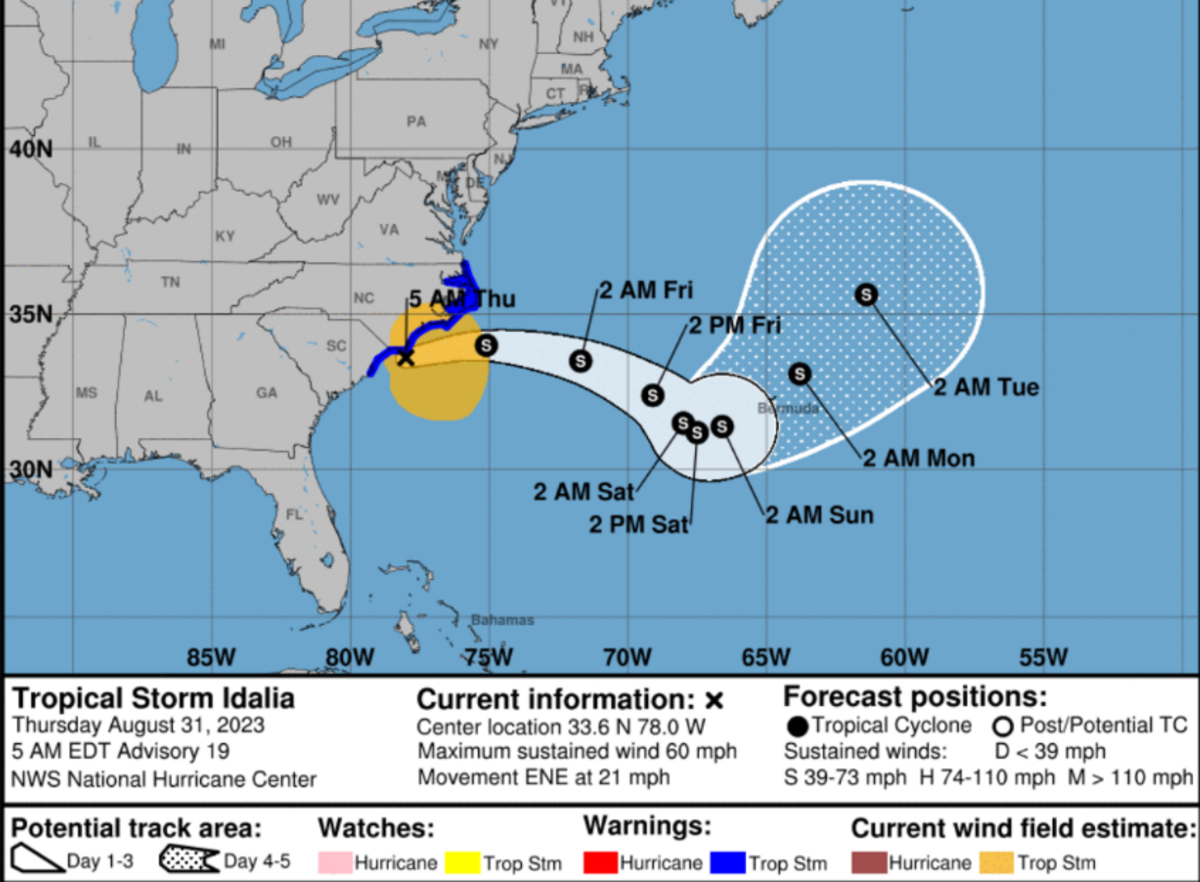 The latest route of Tropical Storm Idalia from the National Weather Service.