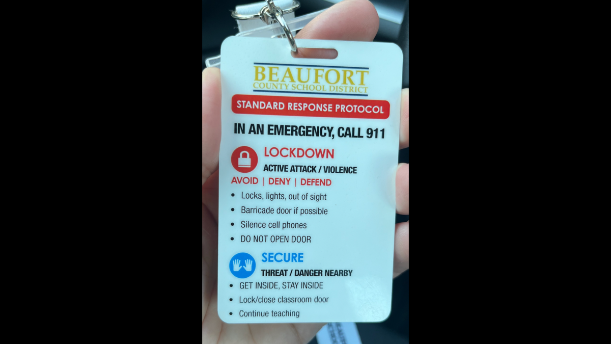 Teachers at Beaufort County public schools wear lanyard cards outlining the differences between a lockdown and a “secure status” protocol.