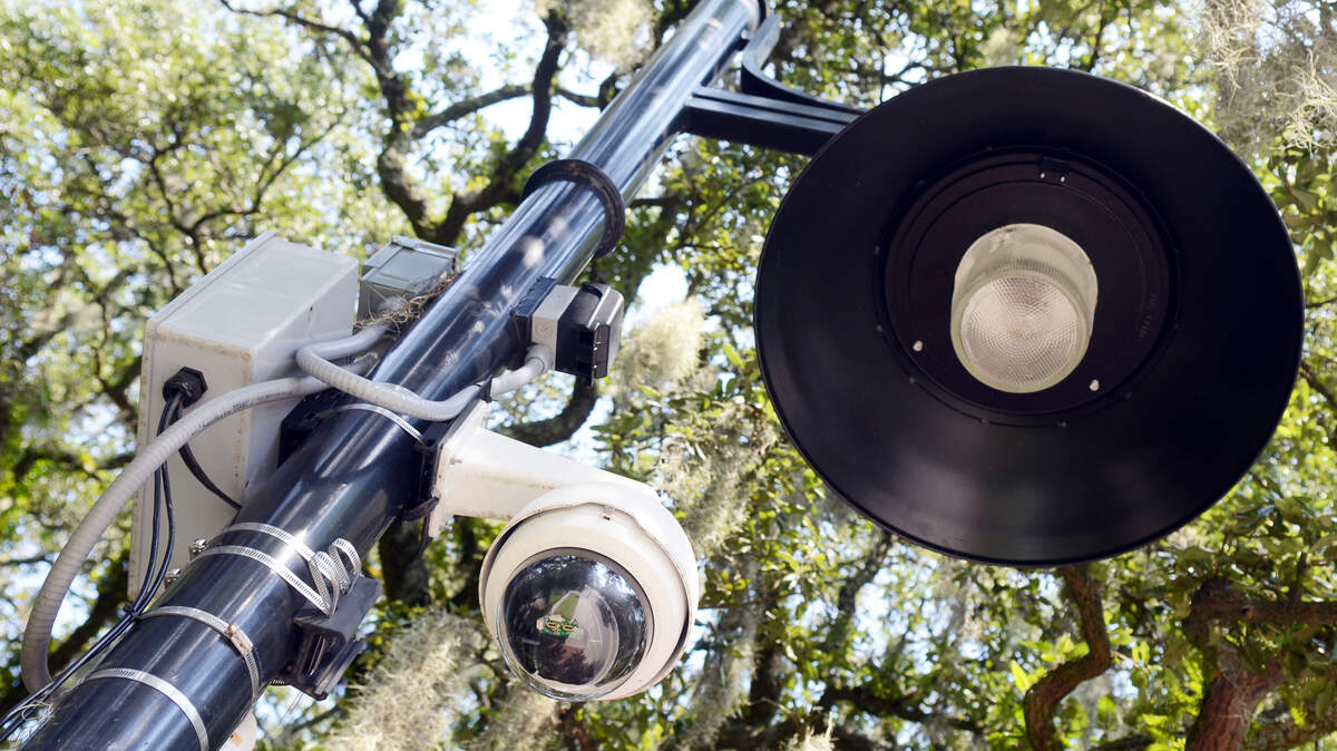 One of 22 new surveillance cameras installed around Old Town Bluffton is seen mounted below a street light on May River Road. The town unveiled the new surveillance system on Tuesday during a ribbon cutting ceremony for its new Old Town Bluffton Police Substation.