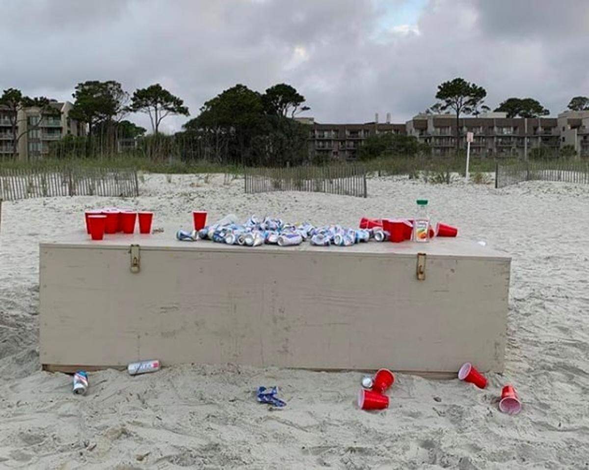 Cups and beer cans left on a beach on Hilton Head Island during Memorial Day weekend.