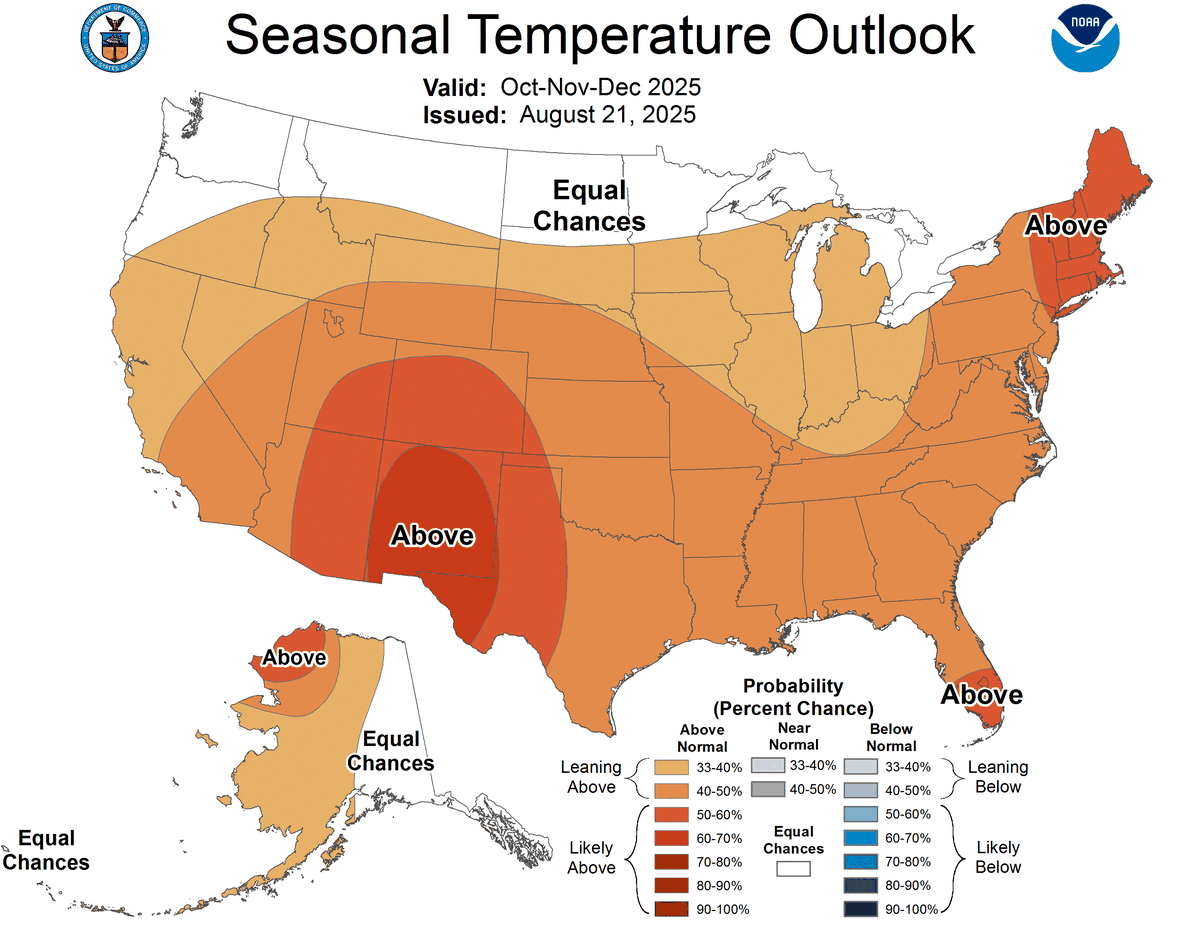 Seasonal temperature outlook from the National Weather Service Climate Prediction Center for October-December 2025