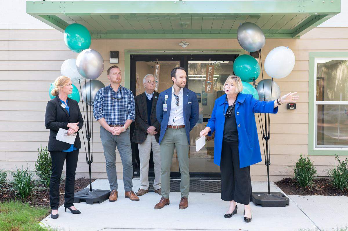 Rep. Shannon Erickson, the owner of Hobbit Hill Preschools, speaks during a ceremony that officially marked the opening of a new $1.5 million childcare center at Beaufort Memorial Hospital. The hospital financed the facility and Hobbit Hill is running it. From left to right are: Megan Morris, president and CEO of the Beaufort Regional Chamber of Commerce; Port Royal Mayor Kevin Phillips, Beaufort Mayor Phil Cromer and Russell Baxley, Beaufort Memorial’s president and CEO.