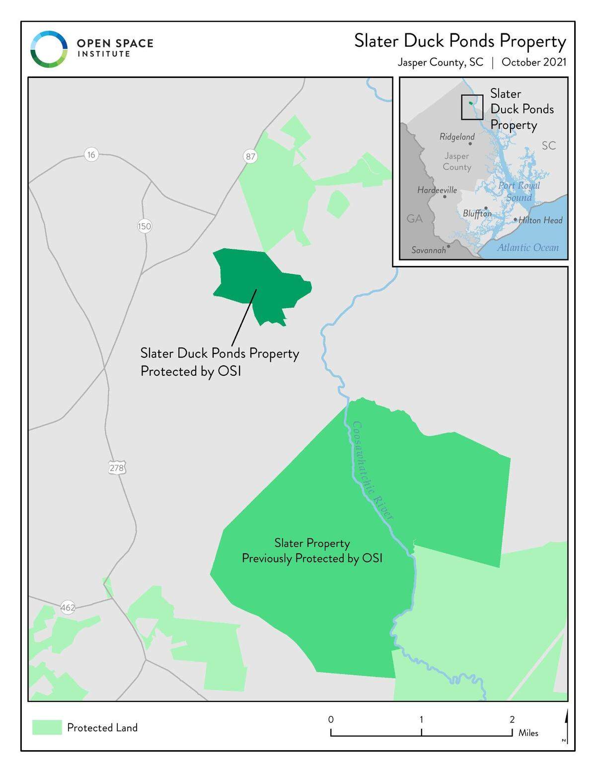 A map showing the locations of the Slater Tract and the Slater Duck Ponds. The Open Space Institute purchased both Jasper County properties this year.