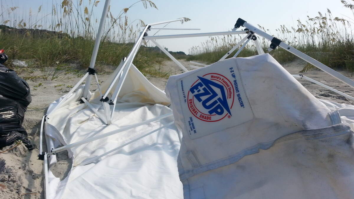 Abandoned, broken beach canopies and canopy frames plague some beaches on Hilton Head Island.