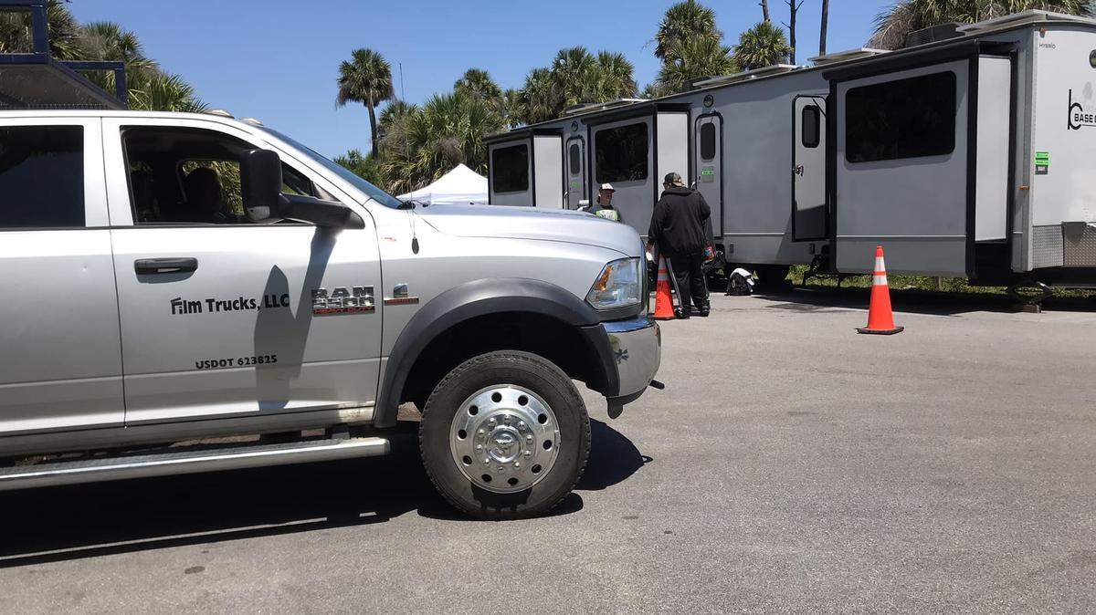 The north-beach parking lot in Hunting Island State Park was closed to the public as “Outer Banks” production crews used the area for trailers and equipment. The show’s first season frequently features the park’s iconic lighthouse.
