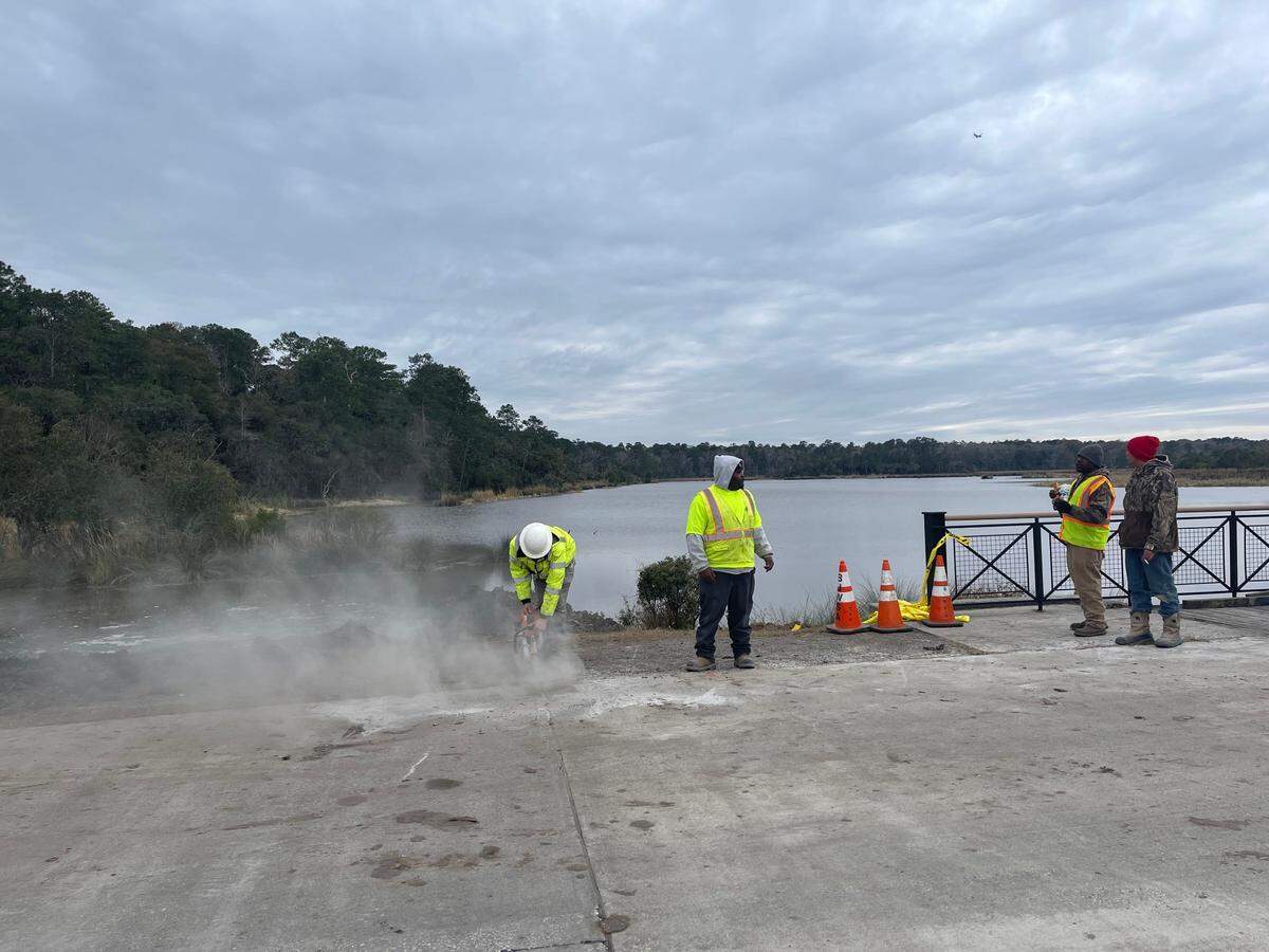 Crews from J.H. Hiers Construction at the scene of a water main break at Bluffton’s Palmetto Bluff community.
